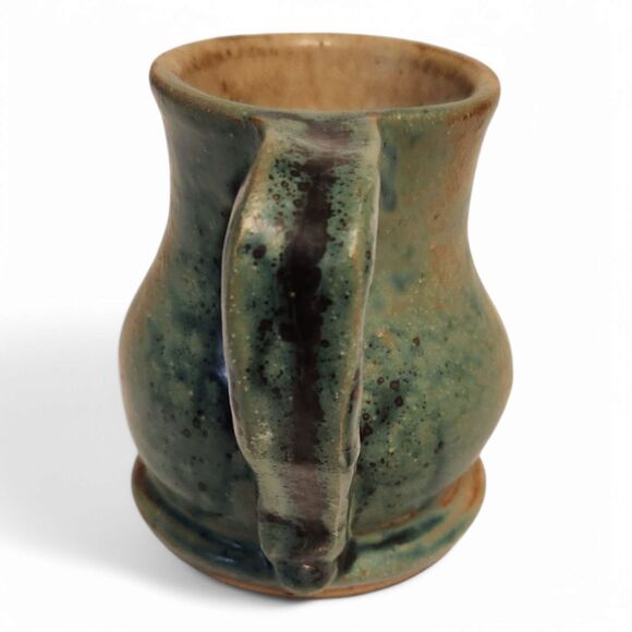 Handmade Pottery Creamer Pitcher, Clay Pottery, 3" Wide, Glazed Tan Teal, Signed - Picture 6 of 8